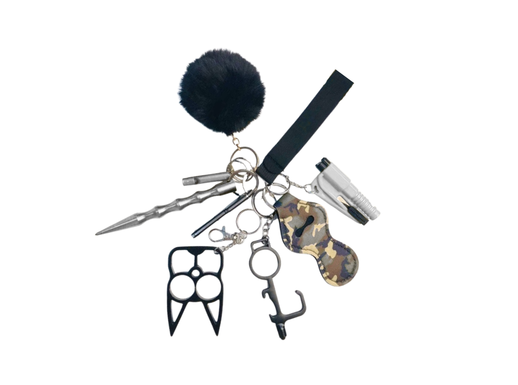 Self Defense Keychain Suit Personal Keychain For Girls Women Safety Key Ring With Hand Sanitizer Bottle Holder Pompom Whistle