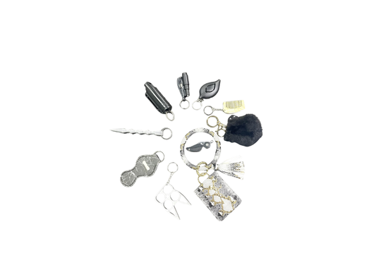 Silver & Black Snakeskin Self-Defense Keychain Set – Women’s Personal Safety Kit with Alarm, Pepper Spray Holder & Emergency Tools